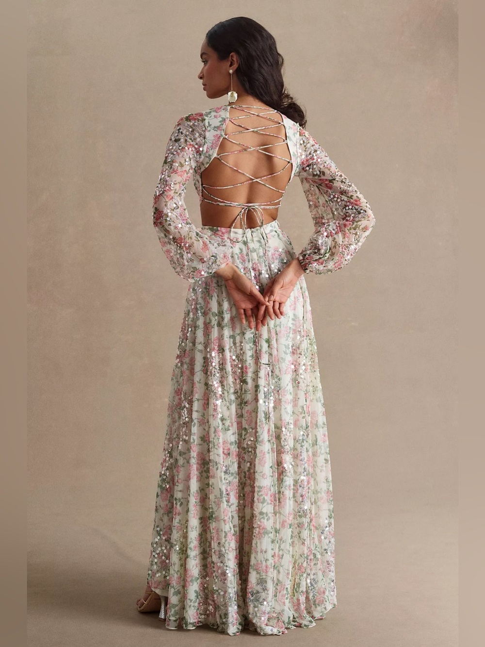 Mac Duggal Sequined Floral Print Cutout Lace-Up Gown - Picture 4 of 4